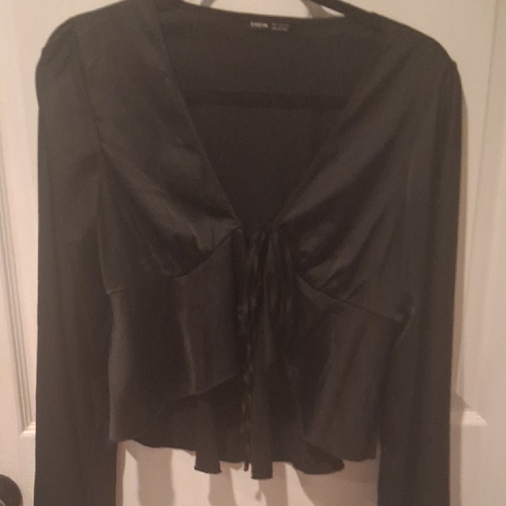 Black Satin Tie-front Blouse